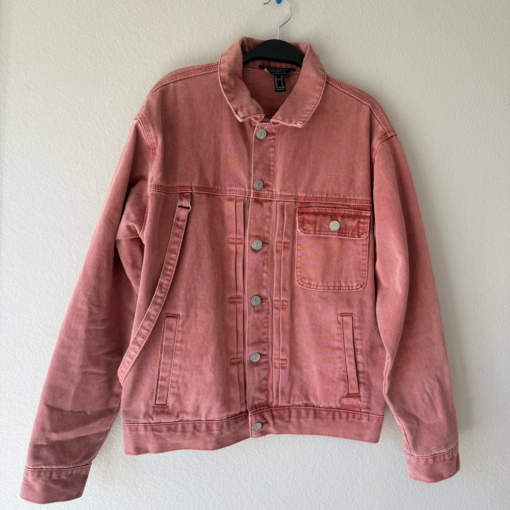 Forever 21 Men's Red Rose Denim Jean Jacket with Strap - Size Medium